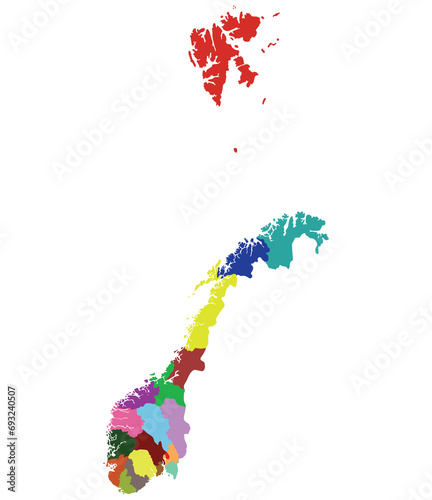 Norway map. Map of Norway divided in administrative regions