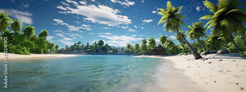 Beautiful sunny tropical beach with palm trees  ultrawide shot