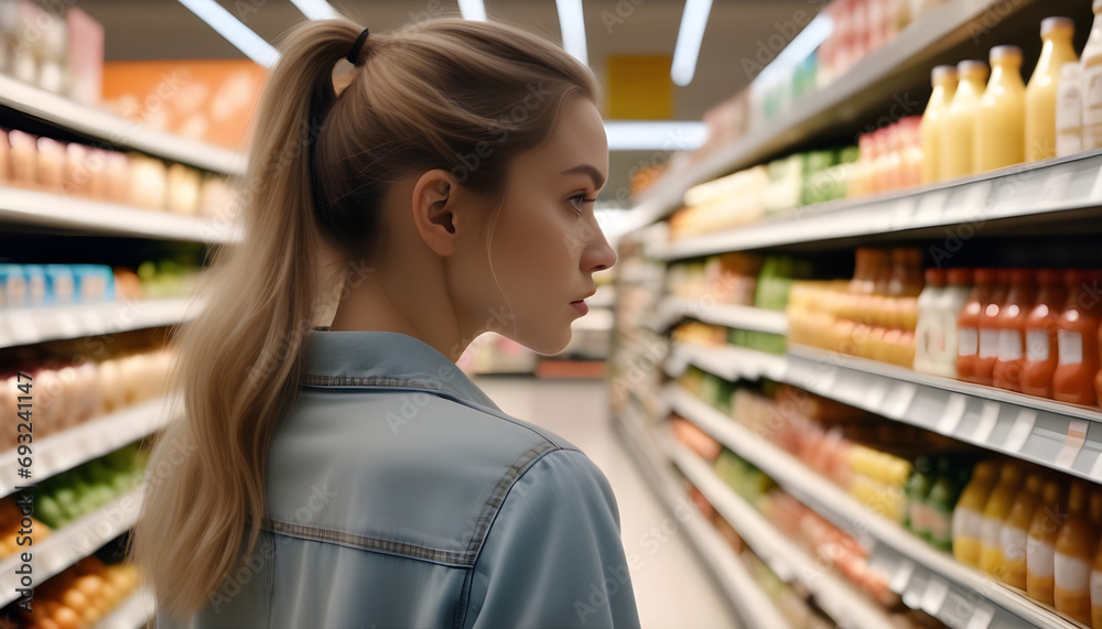 Young woman in the aisle of a supermarket, confused by the variety of products.