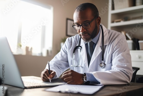 Black male doctor prescribes a prescription by writing it on paper. photo