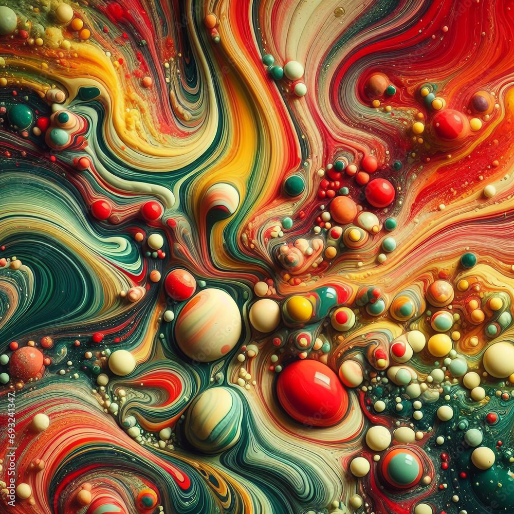 This is a close-up of a bright and colorful mixture of liquid paints creating an abstract pattern.