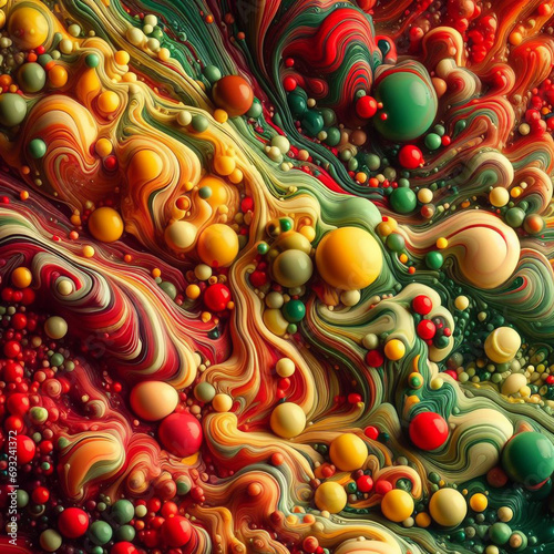 This is a close-up of a bright and colorful mixture of liquid paints creating an abstract pattern.