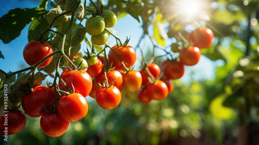 Ripe Tomatoes on Vine in Sunlit Garden