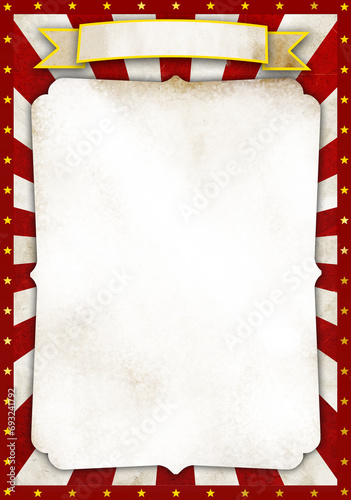 Vintage Circus Poster template with a grunge paper texture frame on red and white sunburst rays pattern, and an elegant border decorated with golden stars