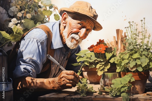 Elderly Gardener Tending to Plants Caricature