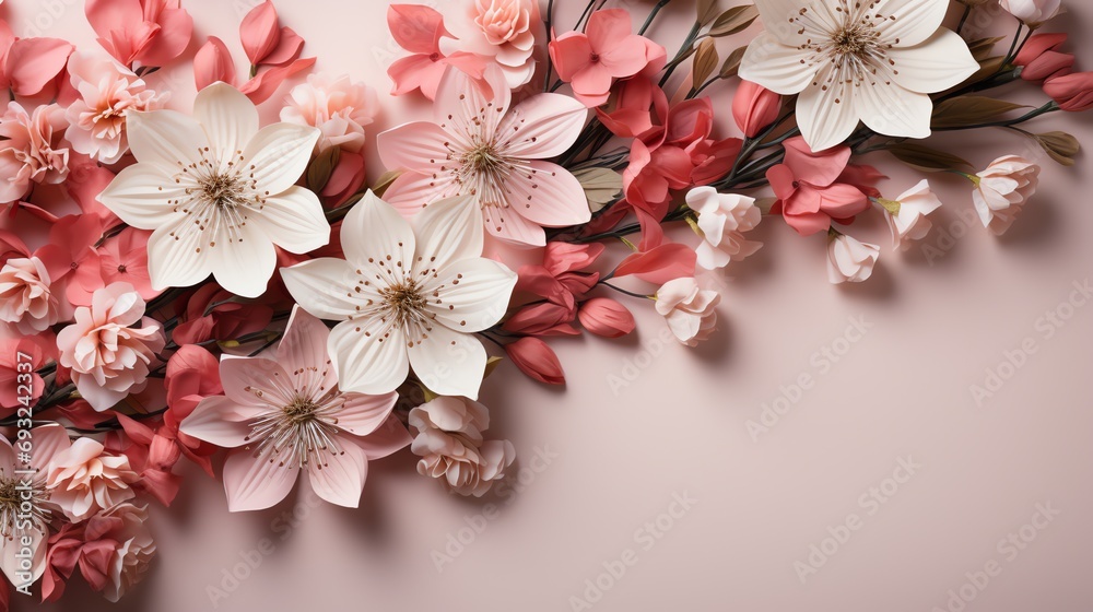Elegant Pink Flowers Frame on White Background