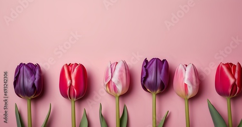 red, pink, and purple tulips on pink background with room for copy #693242306