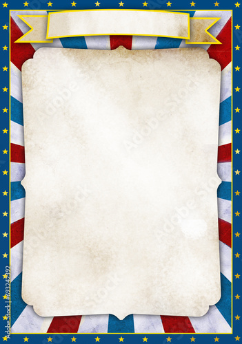 Vintage Circus Poster template with a red, blue and white sunburst rays Background , framed with a retro paper texture and  a gold light gold edge and golden stars decoration