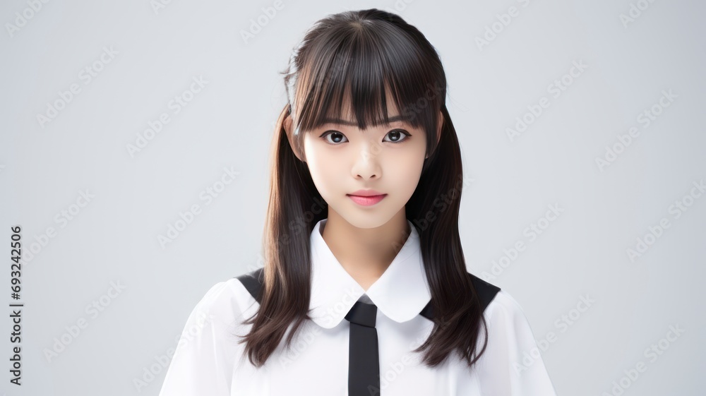 Portrait photo of a beautiful young Japanese female student in school uniform, one color background, copy space - generative ai Portrait photo of a beautiful young Japanese female student in school uniform, one color background, copy space - generative ai