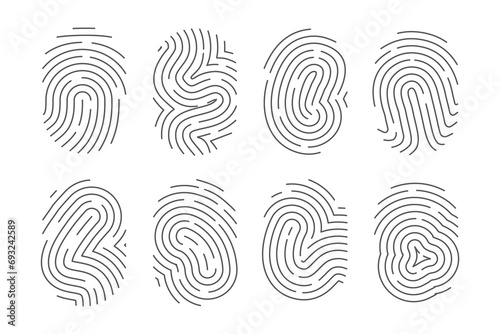 Black Finger Print Set Collection, thumb fingerprint line information, scanning identification or crime investigation system, isolated vector illustration