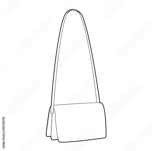 Accordion Compartment bag saddle silhouette crossbody. Fashion accessory technical illustration. Vector satchel front 3-4 view for Men, women style, flat handbag CAD mockup sketch outline isolated