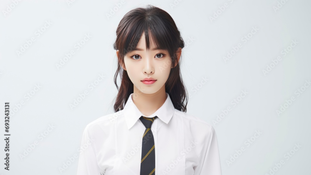 Portrait photo of a beautiful young Japanese female student in school uniform, one color background, copy space - generative ai Portrait photo of a beautiful young Japanese female student in school uniform, one color background, copy space - generative ai