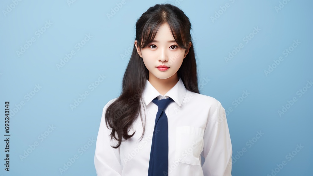 Portrait photo of a beautiful young Japanese female student in school uniform, one color background, copy space - generative ai Portrait photo of a beautiful young Japanese female student in school uniform, one color background, copy space - generative ai