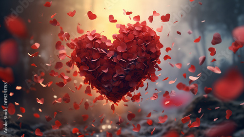 Heart formed from the graceful dance of crimson petals, exuding an ethereal charm that celebrates the beauty of love in every fleeting moment