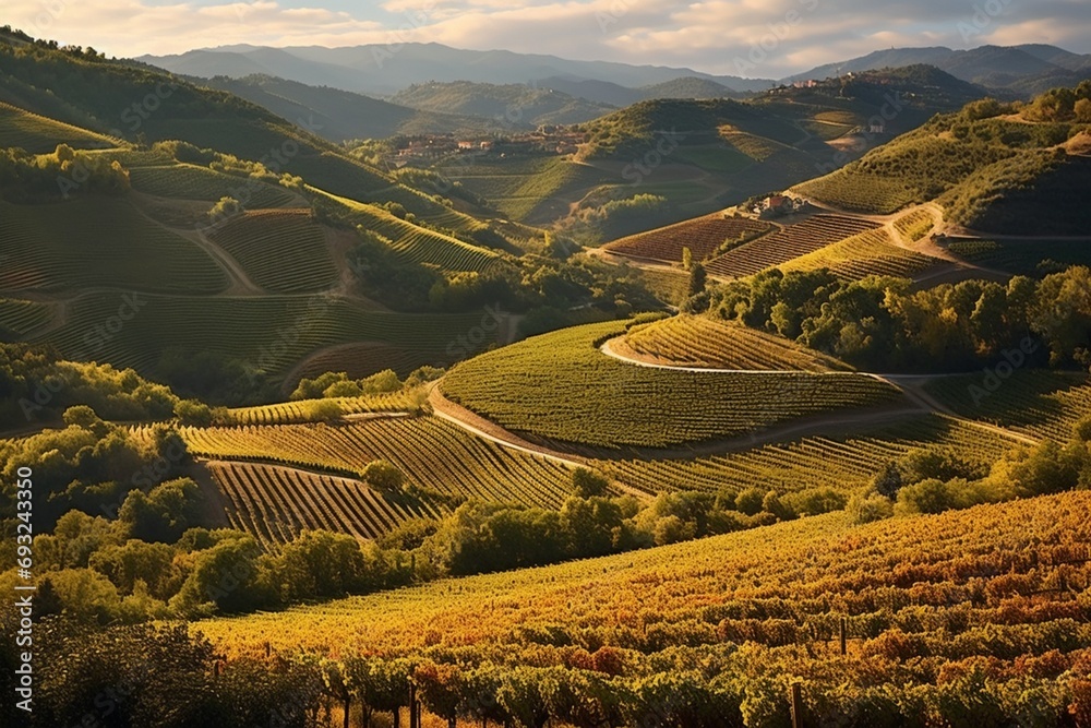 A patchwork of vineyards on rolling hills, basking in the warm glow of a late summer afternoon
