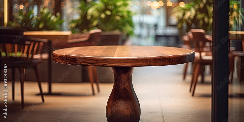 Luxurious cafe with warm-style round table made of mahogany wood. Bokeh background and space for product display. - obrazy, fototapety, plakaty 