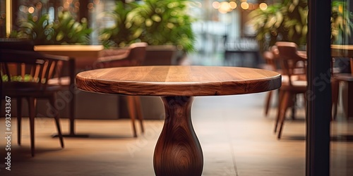 Luxurious cafe with warm-style round table made of mahogany wood. Bokeh background and space for product display. photo