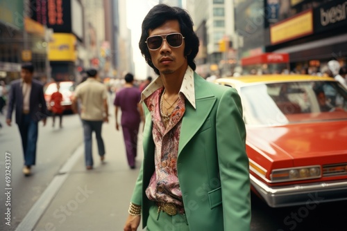 Fashionable Asian man in 1970s on city street