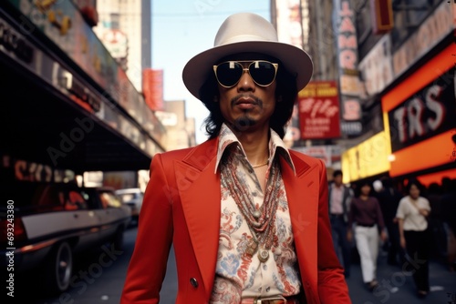Fashionable Asian man in 1970s on city street photo