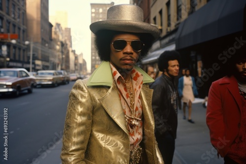 Fashionable black man in 1970s on city street