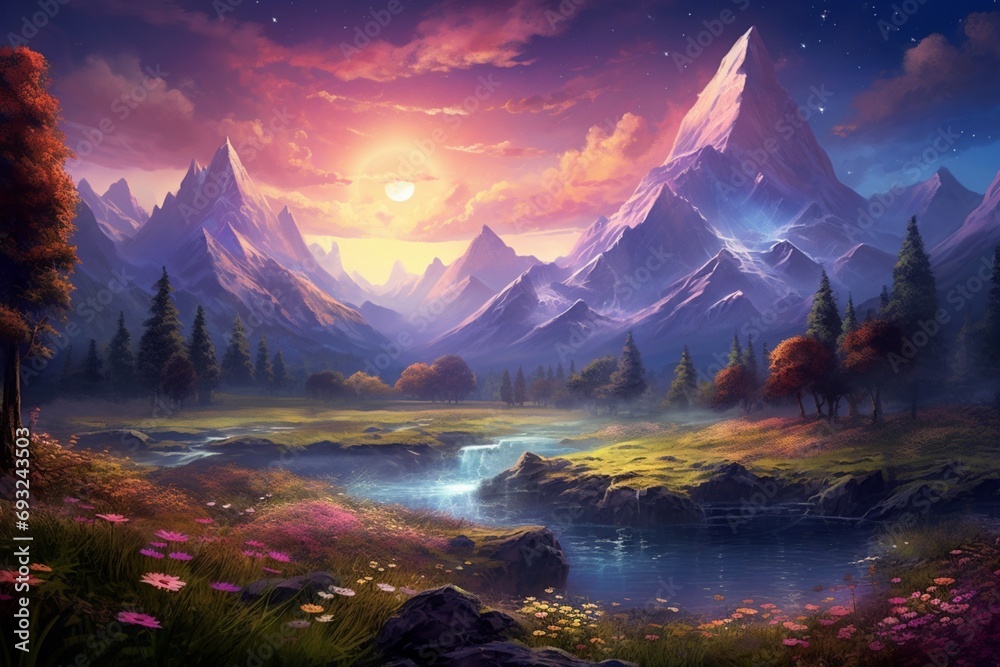 A tranquil meadow bathed in the soft glow of a full moon, surrounded by towering mountains