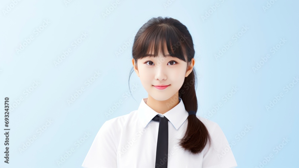 Portrait photo of a beautiful young Japanese female student in school uniform, one color background, copy space - generative ai Portrait photo of a beautiful young Japanese female student in school uniform, one color background, copy space - generative ai
