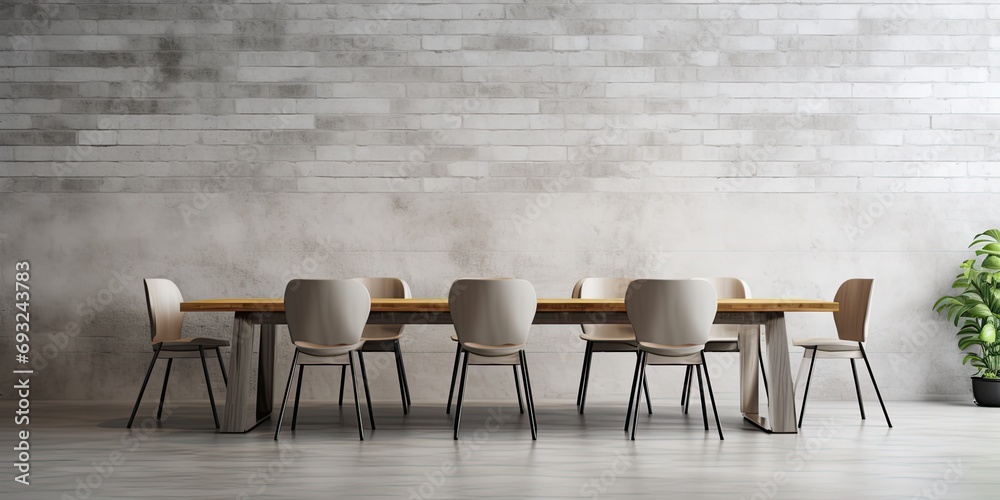 Concrete floor, gray and white brick walls, wooden and gray countertops, long table with chairs, mock up wall. Concrete floor, gray and white brick walls, wooden and gray countertops, long table with chairs, mock up wall.