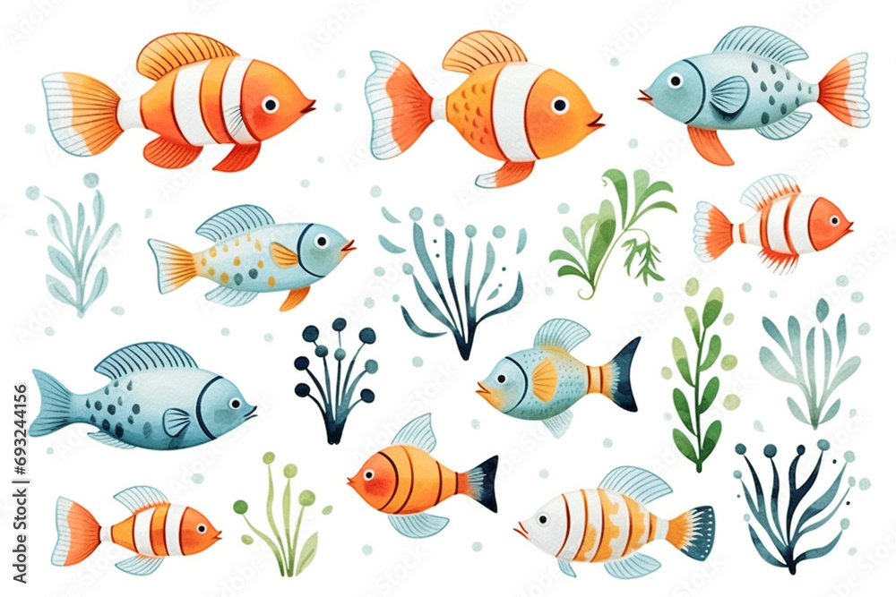 Set of watercolor paintings Clownfish on white background. 
