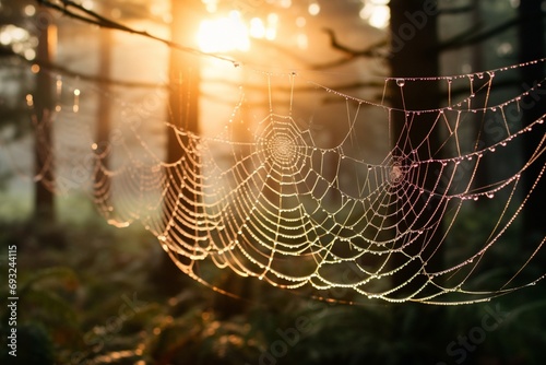 A close-up of dewdrops on spiderwebs, catching the first rays of the morning sun in a misty forest