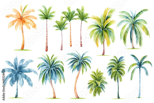 Watercolor painting Palm tree symbols on a white background. 