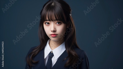 Portrait photo of a beautiful young Japanese female student in school uniform, one color background, copy space - generative ai