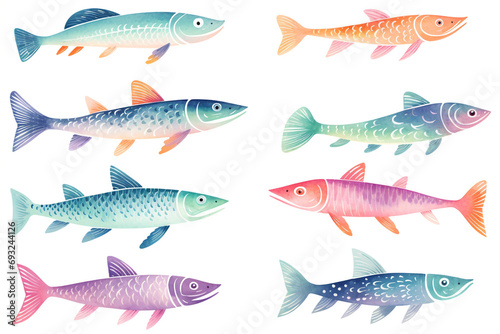 Set of watercolor paintings sea fish on white background.  photo