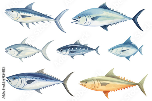 Set of watercolor paintings Tuna fish on white background. 