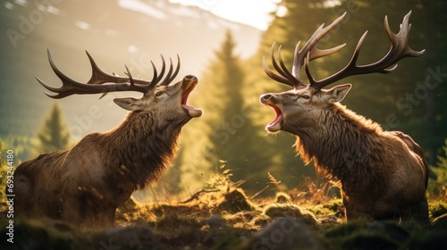 close-up portrait of red deer fighting and roaring during rut in forest with huge horns photo