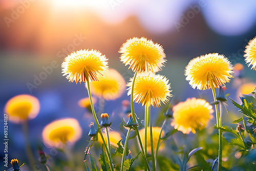 Summer Flower Fields  The Magic of Dandelions at Sunset  Bright Summer Scenery of Ultra Wide Panorama generative ai