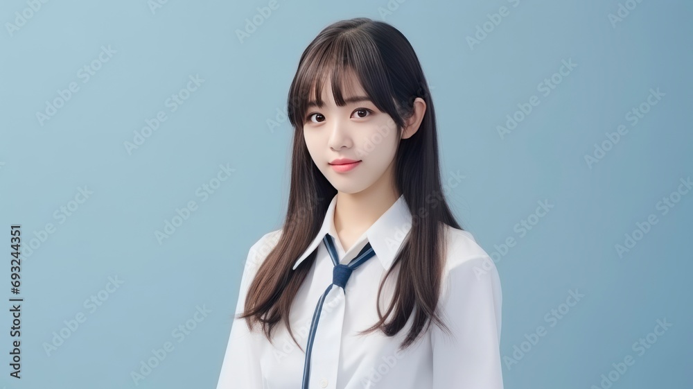 Portrait photo of a beautiful young Japanese female student in school uniform, one color background, copy space - generative ai Portrait photo of a beautiful young Japanese female student in school uniform, one color background, copy space - generative ai
