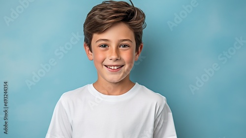 Portrait of a cheerful boy standing on blue background 