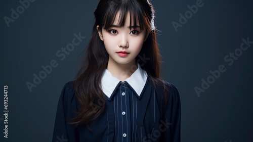 Portrait photo of a beautiful young Japanese female student in school uniform  one color background  copy space - generative ai