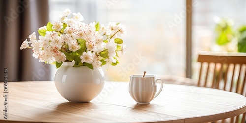 Product display on wooden dining table with tea set and flower vase over blurred home living room.
