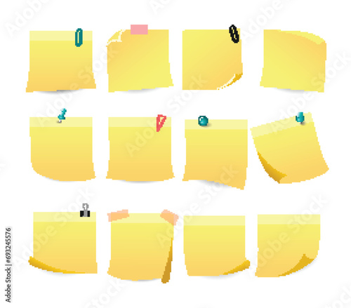 Realistic yellow blank sticky notes set collection isolated on white background. Notepad Clip sheets of note papers with push pin. Paper reminder, post it notes, adhesive empty memo.