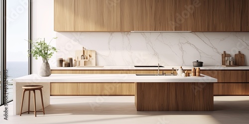  modern kitchen with white and marble walls, white countertops, built-in sink and cooker, and wooden island.