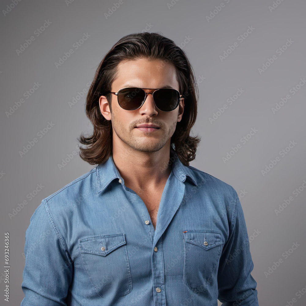 A male model wearing denim suites A male model wearing denim suites