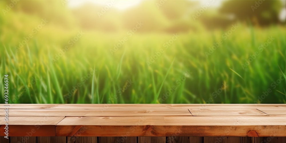 Wooden table top with blurred tent, grass field, fresh concept, suitable for product display or design visual with space for text.