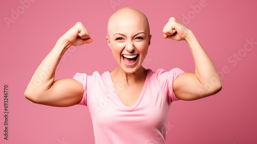 strong woman, cancer survivor on pink background, cancer awareness concept,  photo