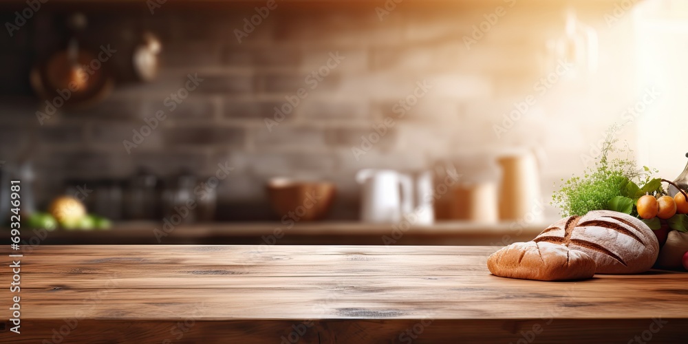Blurred background with wooden table in rustic kitchen