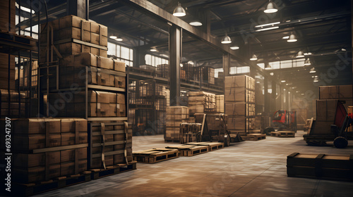 A retail warehouse full of shelves with goods in cartons, with pallets and forklifts. Logistics and transportation blurred the background. Product distribution center  photo
