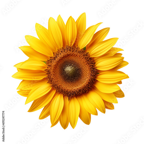 Ripe sunflower with yellow petals, isolated on transparent background.
