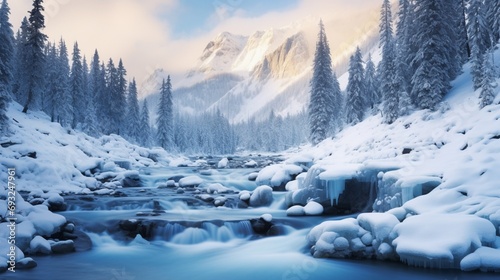 Embrace the serene beauty of winter's embrace as icy tendrils cascade down a mountainous canvas. Tell your story within the expansive copy space of this