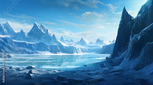 A breathtaking glacier view with deep blue ice, crevasses, and a distant mountain backdrop.