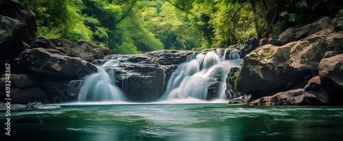 a landscape capturing the beauty of water flowing from a small waterfall located in the forest. generative AI